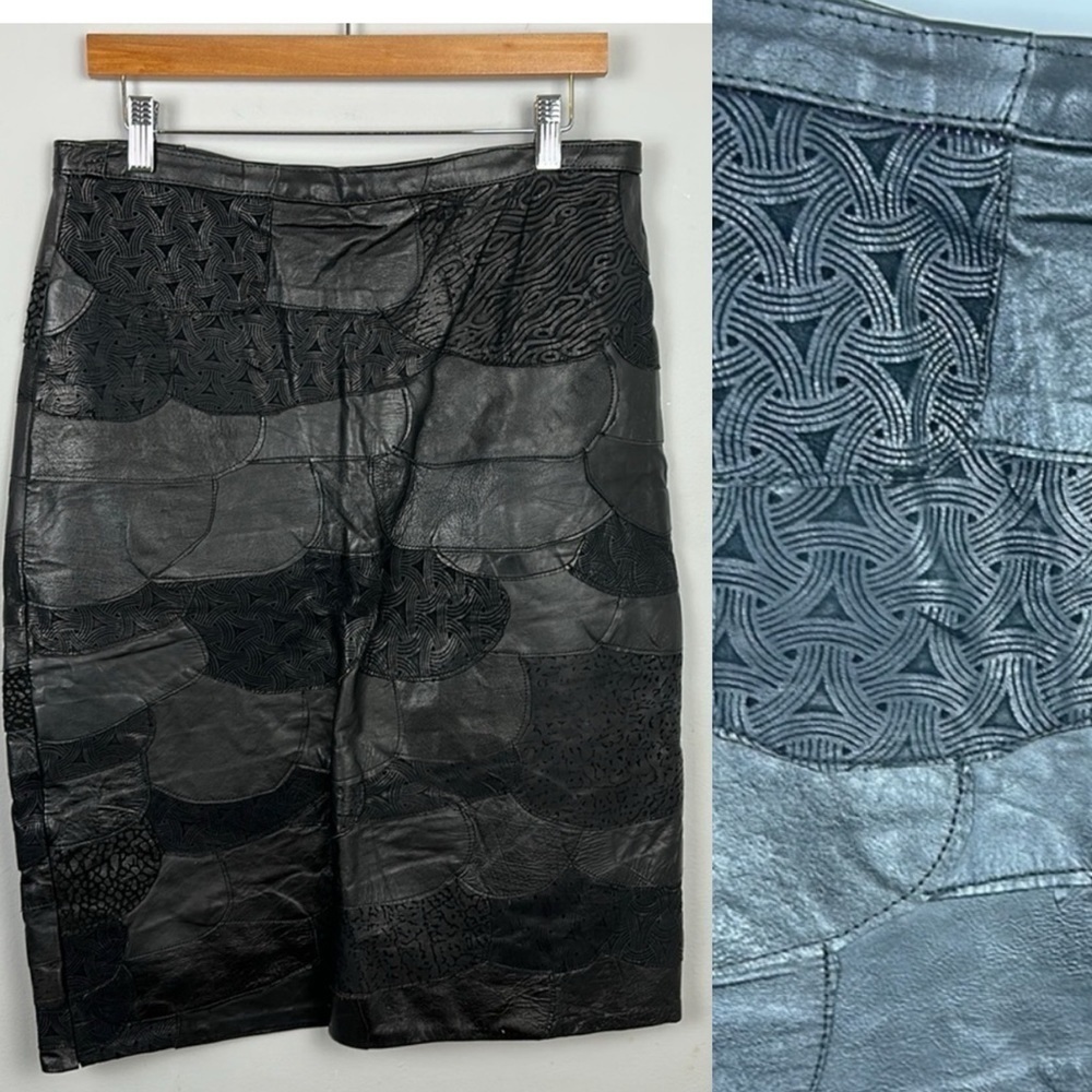 Mob Wife Aesthetic Leather Black Patchwork Pencil Skirt